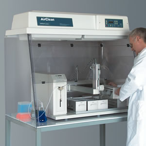 The Gilson 215 SW liquid handling enclosure provides containment of toxic chemical fumes and vapors.